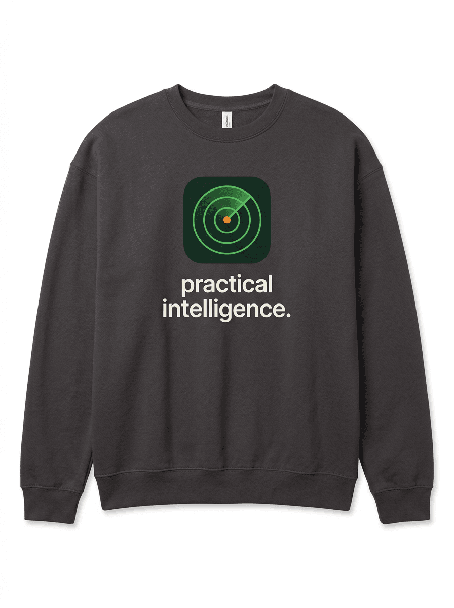 Crewneck Sweatshirt — “practical intelligence.” center print